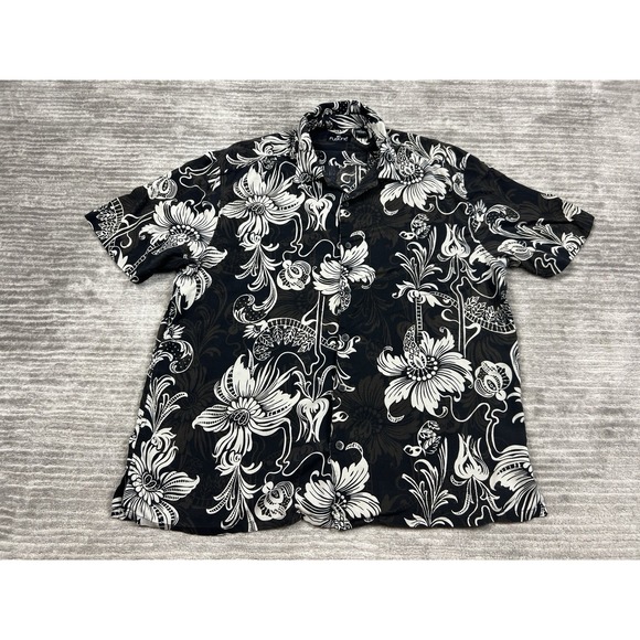 Fusione Shirt Mens Large Black Floral Tropical Silk Button Up Short Sleeve - Picture 1 of 10